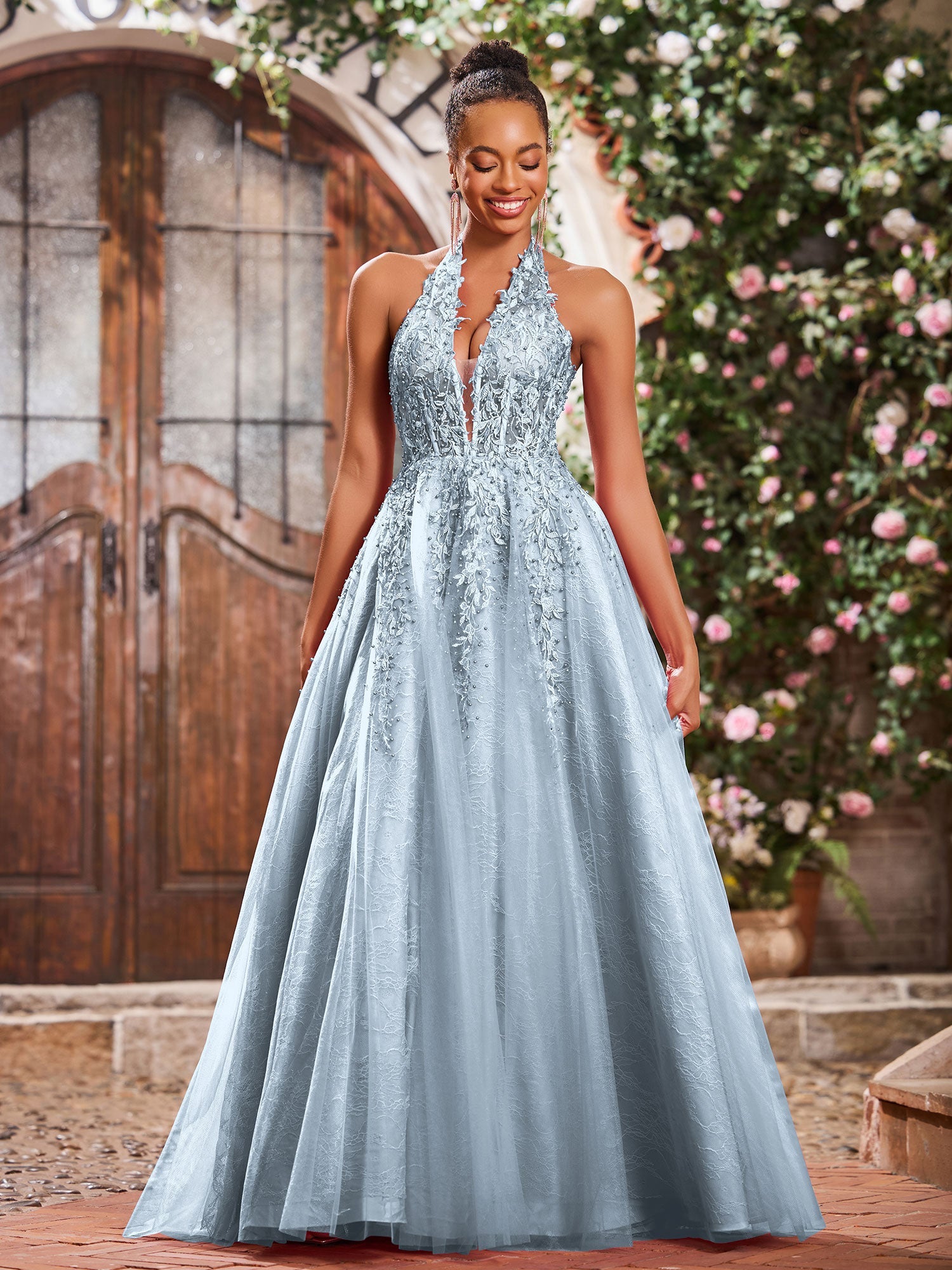 Deep V-neck Appliqued Corset Tulle Lace Maxi Prom Dresses Dusty Blue